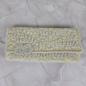 LaRegale Ltd White Evening Clutch Bag Satin Sequins Seed Beads Vintage